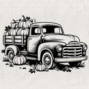 May include: A black and white line art illustration of a vintage pickup truck with a wooden truck bed filled with several pumpkins. Additional pumpkins are positioned on the ground near the front and rear wheels, surrounded by fallen leaves.