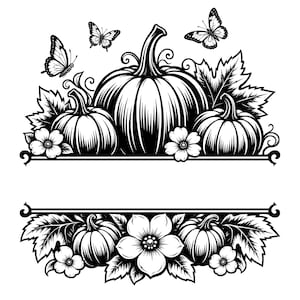 Könnte beinhalten: Eine schwarz-weiße grafische Illustration mit einer zentralen Anordnung aus drei Kürbissen, Ahornblättern und Blumen sowie zwei Schmetterlingen darüber. Das Design enthält eine horizontale Trennlinie, die einen Rahmen für Text bildet.
