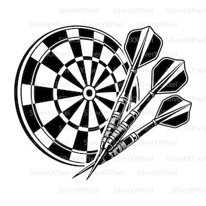 Op de afbeelding: Een zwart-witte grafische illustratie met een cirkelvormig dartbord met een klassiek gesegmenteerd patroon, geplaatst achter drie puntige darts die in een waaiervorm zijn gerangschikt. Het ontwerp gebruikt lijnen met hoog contrast.