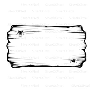 Könnte beinhalten: Schwarz-Weiß-Illustration eines Holzschildes mit rustikalem, verwittertem Aussehen. Das Schild hat eine rechteckige Form mit dekorativen Kanten und sichtbaren Holzmaserungsdetails. Das Design umfasst Knoten und Linien, die ihm ein natürliches, gealtertes Aussehen verleihen.