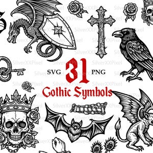 Medieval Gothic SVG Bundle PNG, Dragon Raven Skull Clipart Set, Dark Medieval Designs for Stickers and Engraving