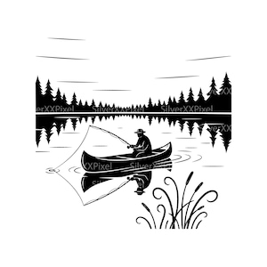Könnte beinhalten: Schwarz-Weiß-Illustration einer Person, die von einem Kanu aus auf einem See fischt. Das Bild zeigt eine Silhouette einer Person mit Hut, die eine Angelrute hält, mit einem Netz im Wasser. Bäume und ihre Spiegelung sind im Hintergrund.