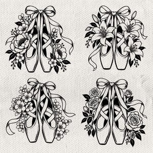 Könnte beinhalten: Ein Set aus vier schwarz-weißen Strichzeichnungen, die Paare von Ballettschuhen mit Bändern und verschiedenen Blumenarrangements zeigen, darunter Pfingstrosen, Lilien, kleine Blüten und Rosen auf einem strukturierten cremeweißen Hintergrund.