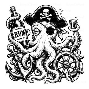 Op de afbeelding: Zwart-wit illustratie van een octopus met een piratenhoed en ooglap, met een fles rum en een borrelglaasje. Een anker en een scheepsstuur zijn ook afgebeeld.