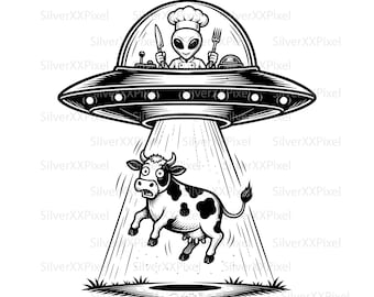 Alien Cow Abduction SVG PNG, Funny UFO Chef Clipart, Farmhouse Kitchen Wall Art, Cricut Cut File