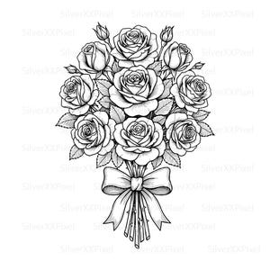 May include: A black and white line drawing of a rose bouquet. The bouquet features several fully bloomed roses, buds, and leaves, all intricately detailed. A large bow tied around the stems adds a decorative touch. The image is a classic floral design.