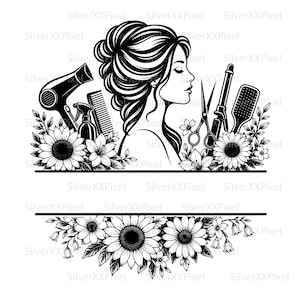 Könnte beinhalten: Schwarz-Weiß-Illustration eines Frauenprofils mit Friseurwerkzeugen und floralen Akzenten. Das Design umfasst einen Haartrockner, einen Kamm, eine Schere, einen Lockenstab und eine Bürste sowie Sonnenblumen und andere Blumen.