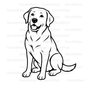 Pode incluir: Desenho a traço preto e branco de um cão Labrador Retriever em posição sentada. O cão tem uma expressão feliz com a boca aberta e a língua visível. A imagem é uma ilustração simples e limpa.