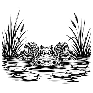 May include: A black and white graphic illustration of an alligator head emerging from water. The alligator is surrounded by tall reeds on both sides and floating lily pads in the foreground, rendered in a detailed, high-contrast ink style.