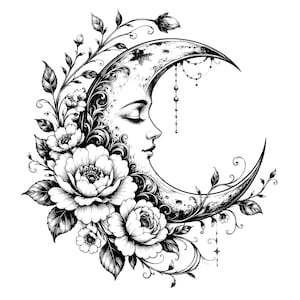 May include: A black and white illustration of a crescent moon featuring a human profile with closed eyes. The moon is adorned with detailed floral arrangements, including large blooming flowers, leaves, and vines, along with delicate hanging beaded chains.