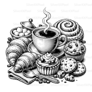 Puede incluir: Una ilustración de arte lineal en blanco y negro que muestra una taza de café humeante sobre un platillo, rodeada por un tazón de terrones de azúcar, dos cruasanes, un rollo de canela, un muffin, un pastelito, dos galletas y una cuchara.