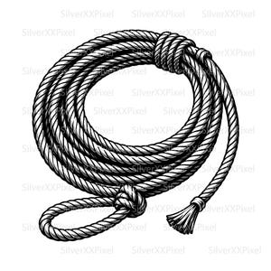 Puede incluir: Ilustración en blanco y negro de una cuerda enrollada, con un lazo y una borla. La cuerda está bien enrollada, con sombreado detallado para un efecto tridimensional. Adecuado para temas del oeste o rústicos.