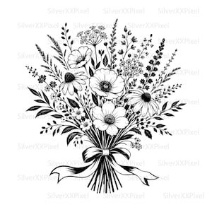 May include: Black and white line art illustration of a floral bouquet. The bouquet features various flowers and foliage, tied with a ribbon. The image has a clean, minimalist aesthetic, suitable for crafts and design projects.
