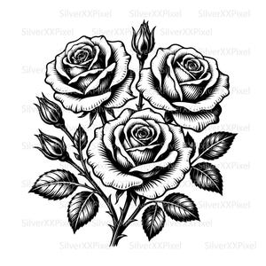 Può includere: Illustrazione in bianco e nero di un bouquet di rose. L'immagine presenta tre rose completamente sbocciate, diversi boccioli e foglie dettagliate. L'opera d'arte è un'illustrazione botanica classica e dettagliata.