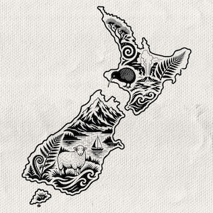 May include: A black and white graphic illustration of the map of New Zealand. The North Island features a kiwi bird, a volcano, and fern leaves. The South Island depicts a sheep, a sailboat on a lake, mountain peaks, and native fern foliage.