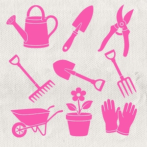 Gardening Tools SVG PNG Clipart Bundle, Pink Black Garden Elements (Digital Download)