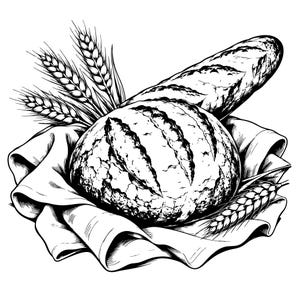 Puede incluir: Una ilustración en blanco y negro de una hogaza de pan redonda y una barra de pan sobre un paño doblado. Varias espigas de trigo están colocadas detrás y al lado del pan, añadiendo textura al detallado dibujo monocromático.