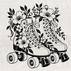 May include: A black and white line art illustration of a pair of roller skates adorned with detailed floral arrangements. The skates feature laces, four wheels each, and toe stops, with large blossoms and leaves emerging from the top of each boot.