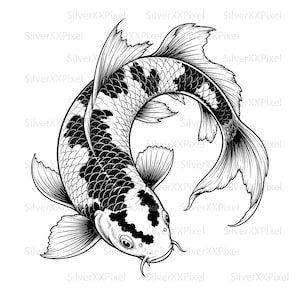 Könnte beinhalten: Detaillierte Schwarz-Weiß-Illustration eines Koi-Fisches. Der Fisch ist in einer geschwungenen Pose dargestellt, die seine Schuppen und Flossen hervorhebt. Das Design zeigt eine Mischung aus schwarzen und weißen Mustern, die einen auffälligen Kontrast erzeugen. Das Bild ist vor einem weißen Hintergrund.