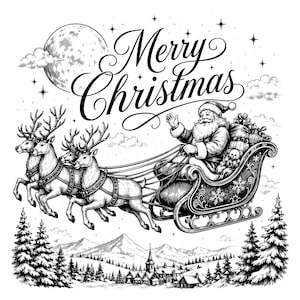 Merry Christmas SVG PNG, Santa Sleigh Reindeer Vintage Line Art for Cricut Shirts Stickers Laser Engraving