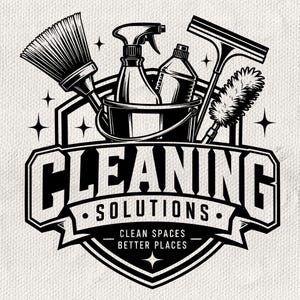 May include: A black and white graphic illustration featuring a bucket containing a spray bottle and a cleaning bottle, flanked by a broom, a squeegee, and a duster. The text reads CLEANING SOLUTIONS and CLEAN SPACES BETTER PLACES.
