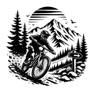 May include: A black and white graphic illustration of a mountain biker wearing a helmet and protective gear, riding down a rocky trail. The scene includes tall pine trees, a large mountain peak in the background, and a wooden signpost with an arrow.