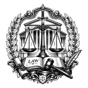 May include: A black and white illustration featuring a courthouse building, a sword, and a set of scales of justice. An open book with the word LAW printed on the page, a wooden gavel, a rolled scroll with a seal, and a quill pen are included.