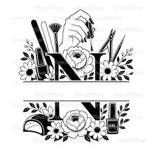 Puede incluir: Diseño de arte de uñas en blanco y negro con la palabra "NAIL", herramientas de manicura, flores y una mano sosteniendo un pincel de esmalte de uñas. Incluye una lámpara de uñas y un frasco de esmalte de uñas en gel.