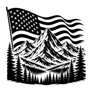 May include: A black and white graphic illustration featuring a waving American flag positioned above a jagged mountain range. The scene includes a dense forest of pine trees in the foreground, creating a high-contrast landscape design.