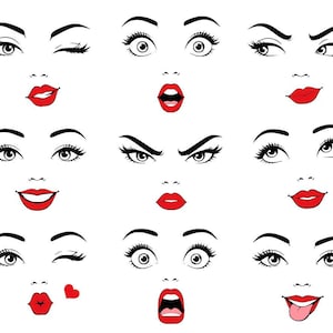 Paquete de imágenes SVG y PNG de rostros femeninos, expresiones faciales femeninas con ojos, labios rojos y cejas, archivo de corte para pegatinas.