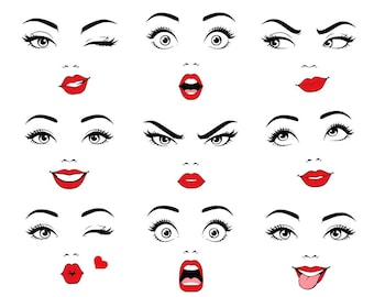 May include: A collection of nine stylized facial expressions featuring black line art of eyes, eyebrows, and noses with vibrant red lips. The expressions include winking, surprised, skeptical, smiling, angry, rolling eyes, kissing with a heart, shouting, and sticking out a tongue.