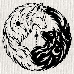 May include: A circular graphic illustration featuring two wolves arranged in a yin and yang formation. One wolf is white with black details, and the other is black with white details. The design includes a sun symbol, a moon crescent, and stars.