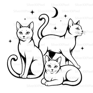 Puede incluir: Una ilustración gráfica en blanco y negro con tres gatos. Un gato está sentado, otro de pie de perfil y el tercero tumbado. El diseño incluye una luna creciente y varias estrellas de cuatro puntas. El texto SilverXXPixel se repite de fondo.