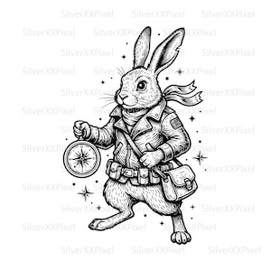 May include: Black and white illustration of a rabbit wearing a leather jacket, scarf, and utility belt, holding a compass. The rabbit has a satchel and is surrounded by stars. A whimsical design.
