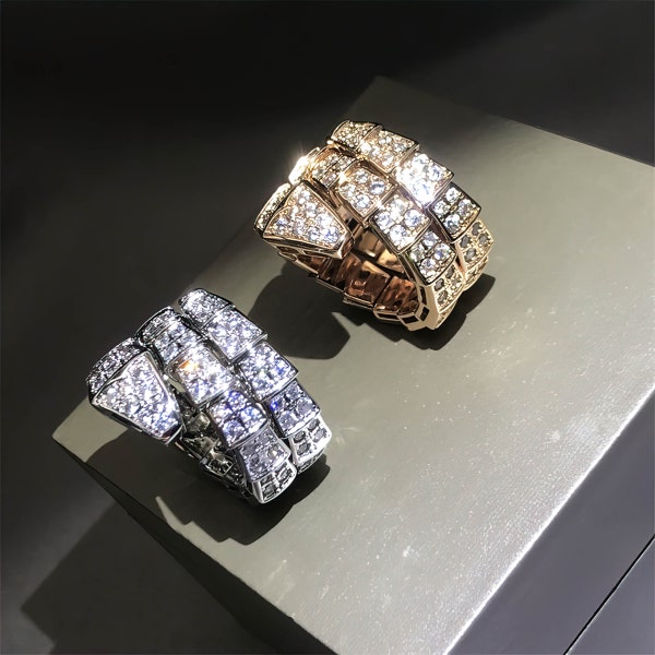 Verstelbare slangenring - slangenring met diamant, zirconia-edelsteen, 925 sterling zilver, 18k verguld