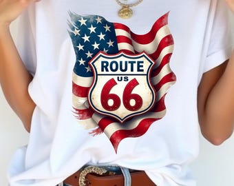 Patriotic Route 66 PNG, USA Flag Shield Design, Vintage Highway Sign Americana Art for Road Trip Sublimation & Travel Decor - Commercial Use