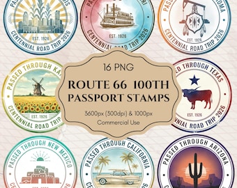 Route 66 100th Anniversary Passport Stamps Clipart PNG , All 8 States, Centennial Road Trip Digital Stickers for GoodNotes - Commercial Use