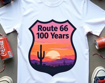 Route 66 Centennial Sunset Logo PNG – Vintage Route 66 100 Years Anniversary Desert Sunset Badge 1926-2026 Retro Highway Travel Graphic