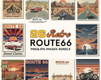 Retro Route 66 Clipart-paket, veteranbilar och motorcyklar Americana PNG JPG, klassisk bilresa, utskrivbar resekonstuppsättning - kommersiellt bruk