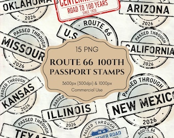 Route 66 100th Anniversary Passport Stamps Clipart PNG , All 8 States, Centennial Road Trip Digital Stickers for GoodNotes - Commercial Use