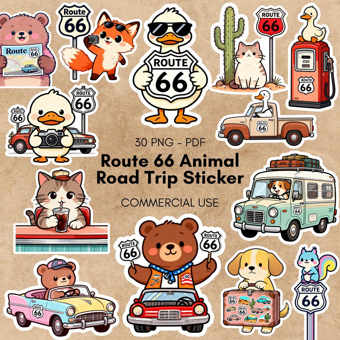 Graphics For Stickers Retro Route 66 Animal Road Trip Stickers Set Clipart Bundle, Vintage ...