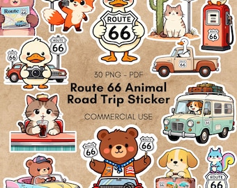 Retro Route 66 Animal Road Trip Stickers Set Clipart Bundle, Vintage Americana PNG PDF Graphics for Stickers, sublimation - Commercial Use
