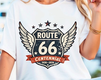 Route 66 Centennial Logo PNG – Vintage Winged Route 66 100 Years Anniversary Badge 1926-2026 – Retro Highway Sign Travel Graphic
