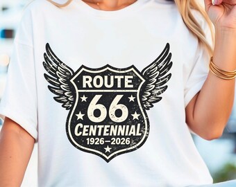 Route 66 Centennial Wings Logo PNG – Vintage Route 66 100 Year Anniversary 1926-2026 Badge – Retro Highway Americana Travel Graphic