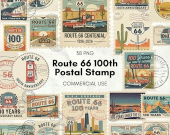 Route 66 100th Anniversary Clipart, Retro Road Trip Postal Stamp PNG for Junk Journal, Commercial Use Bundle - Commercial Use