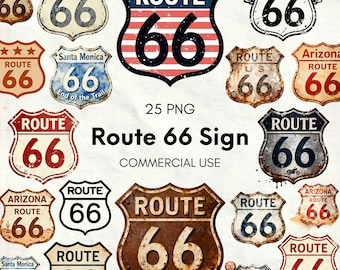 Route 66 Retro Sign Clipart Bundle, Vintage Metal Shield PNG, Rusty Road Trip Americana Wall Art, Garage Decor, Retro Design, Commercial Use