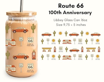 Route 66 Centennial PNG Glass Can Wrap - Retro Desert Road Trip 1926-2026 - 16oz Libbey Tumbler Sublimation - Vintage USA Digital Download