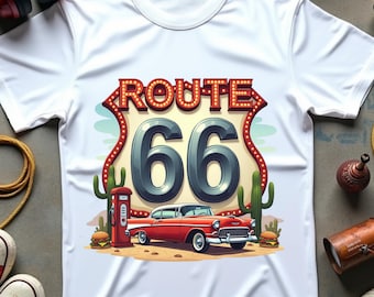 Retro Route 66 Classic Car PNG, Neon Sign Diner Desert Road Trip , Vintage Americana Sublimation for Stickers & Shirts - Commercial Use