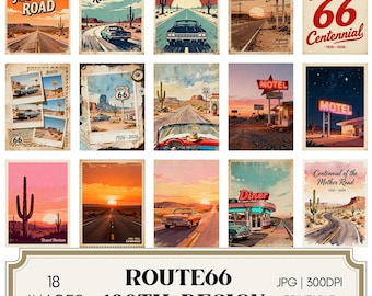 Route 66 100th Printable Journal Cards – Retro Americana Scrapbooking Ephemera – Road Trip Collage, Junk Journal, Instant Download JPG