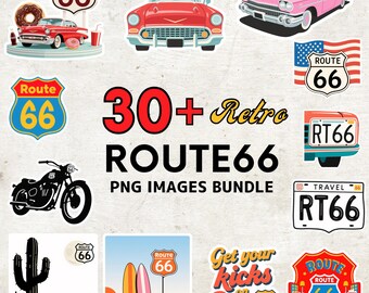 Route 66 PNG-paket, retro vintage Americana clipart-set, klassiska sublimeringsdesigner för roadtrips, reseklistermärken, digitalt - kommersiellt bruk
